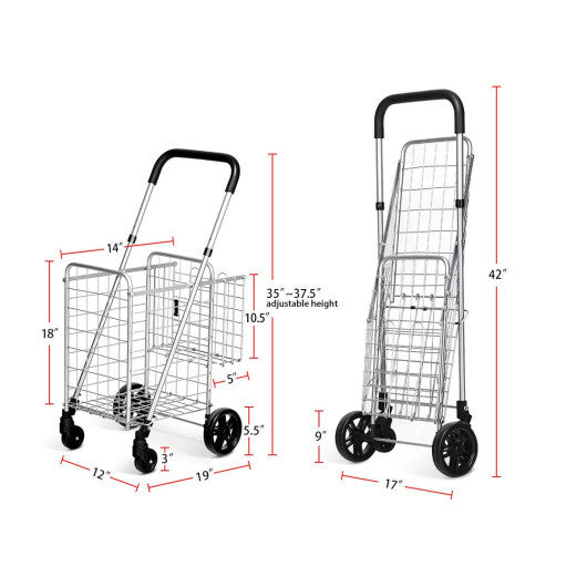 Costway Folding Shopping Cart Basket Rolling Trolley with Adjustable Handle-Silver