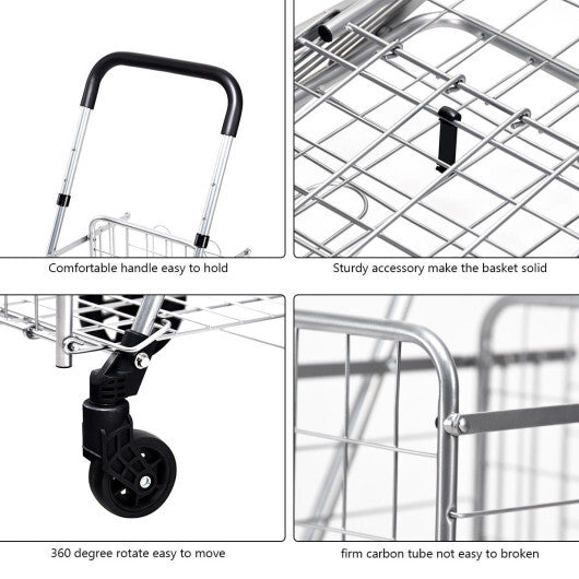 Costway Folding Shopping Cart Basket Rolling Trolley with Adjustable Handle-Silver