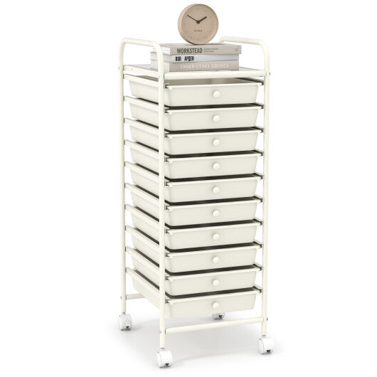 Costway 10 Drawer Rolling Storage Cart Organizer with 4 Universal Casters-White