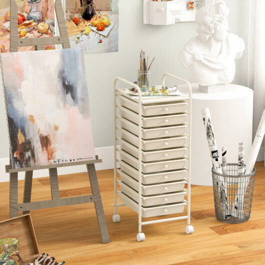 Costway 10 Drawer Rolling Storage Cart Organizer with 4 Universal Casters-White