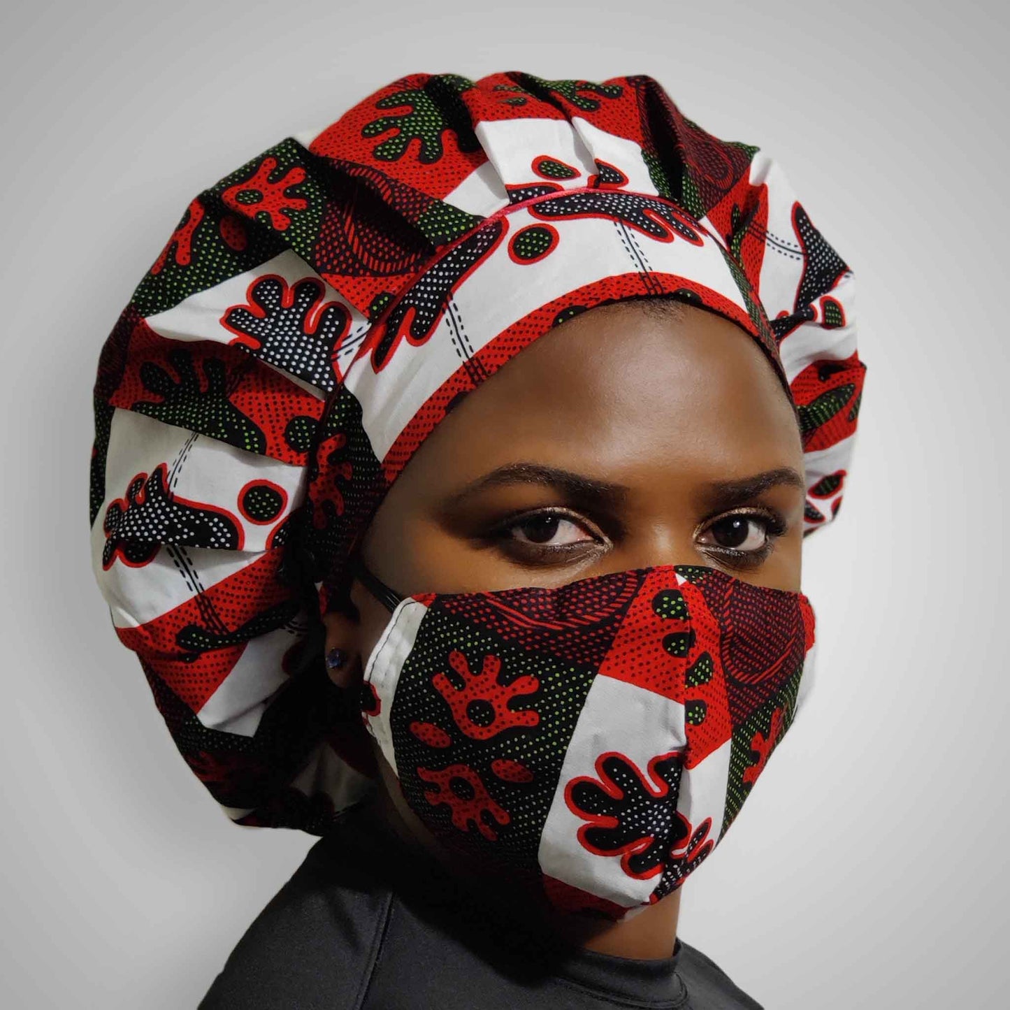Kente Bonnet & Face Mask(Red/White)