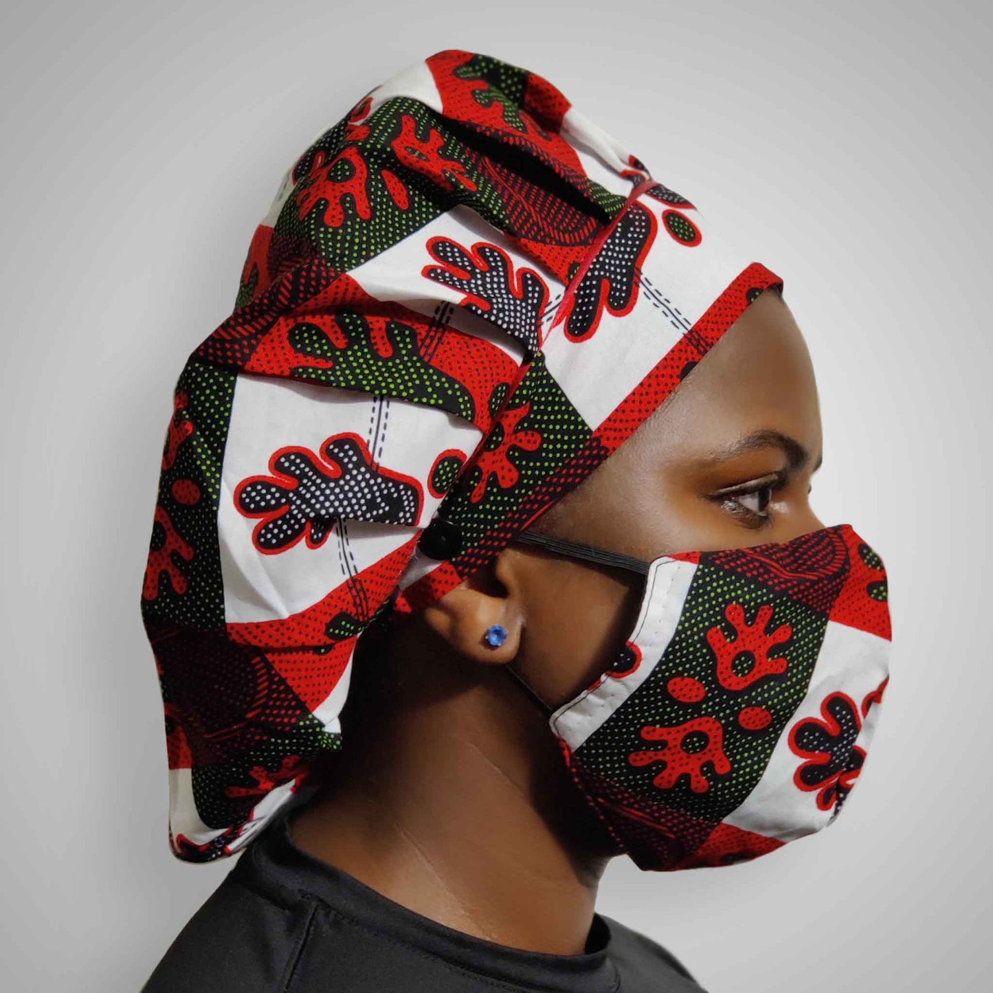 Kente Bonnet & Face Mask(Red/White)