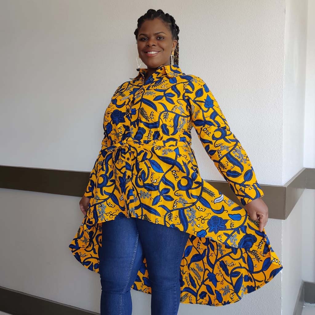 Kente African Print High Low Button up Shirt (Blue Yellow )