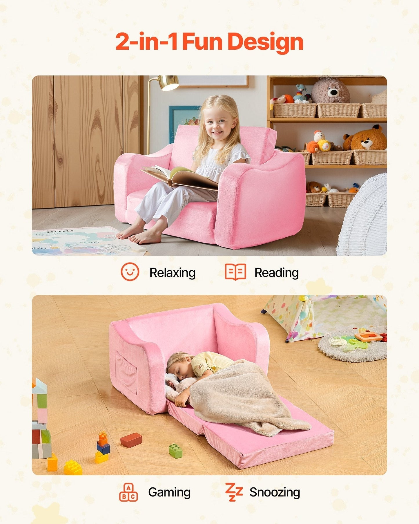 2-in-1 Kids Sofa, Foldable Toddler Soft Couch with Armrests, Made of 28D Sponge & Short Pile, Convertible Toddler Chair to Lounger, Kid Couch Fold Out for Fun Playtime or Comfy Lounging, M, Pink