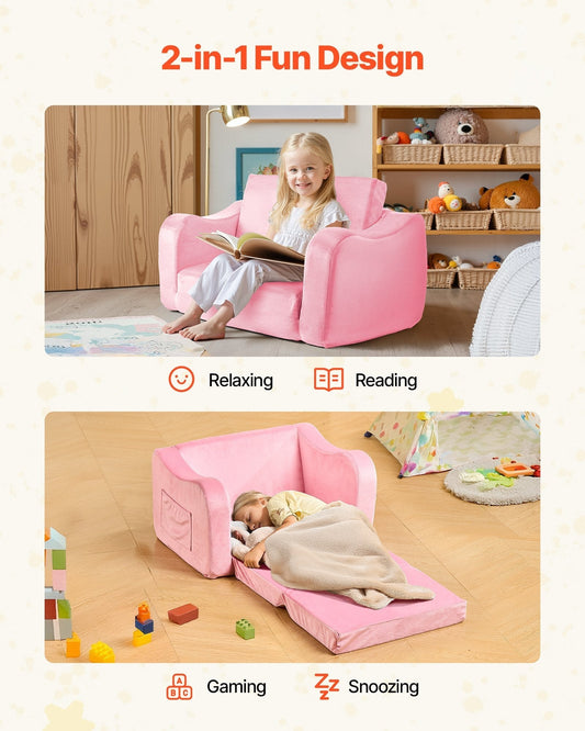 2-in-1 Kids Sofa, Foldable Toddler Soft Couch with Armrests, Made of 28D Sponge & Short Pile, Convertible Toddler Chair to Lounger, Kid Couch Fold Out for Fun Playtime or Comfy Lounging, M, Pink