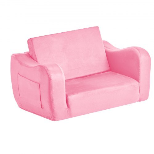 2-in-1 Kids Sofa, Foldable Toddler Soft Couch with Armrests, Made of 28D Sponge & Short Pile, Convertible Toddler Chair to Lounger, Kid Couch Fold Out for Fun Playtime or Comfy Lounging, M, Pink
