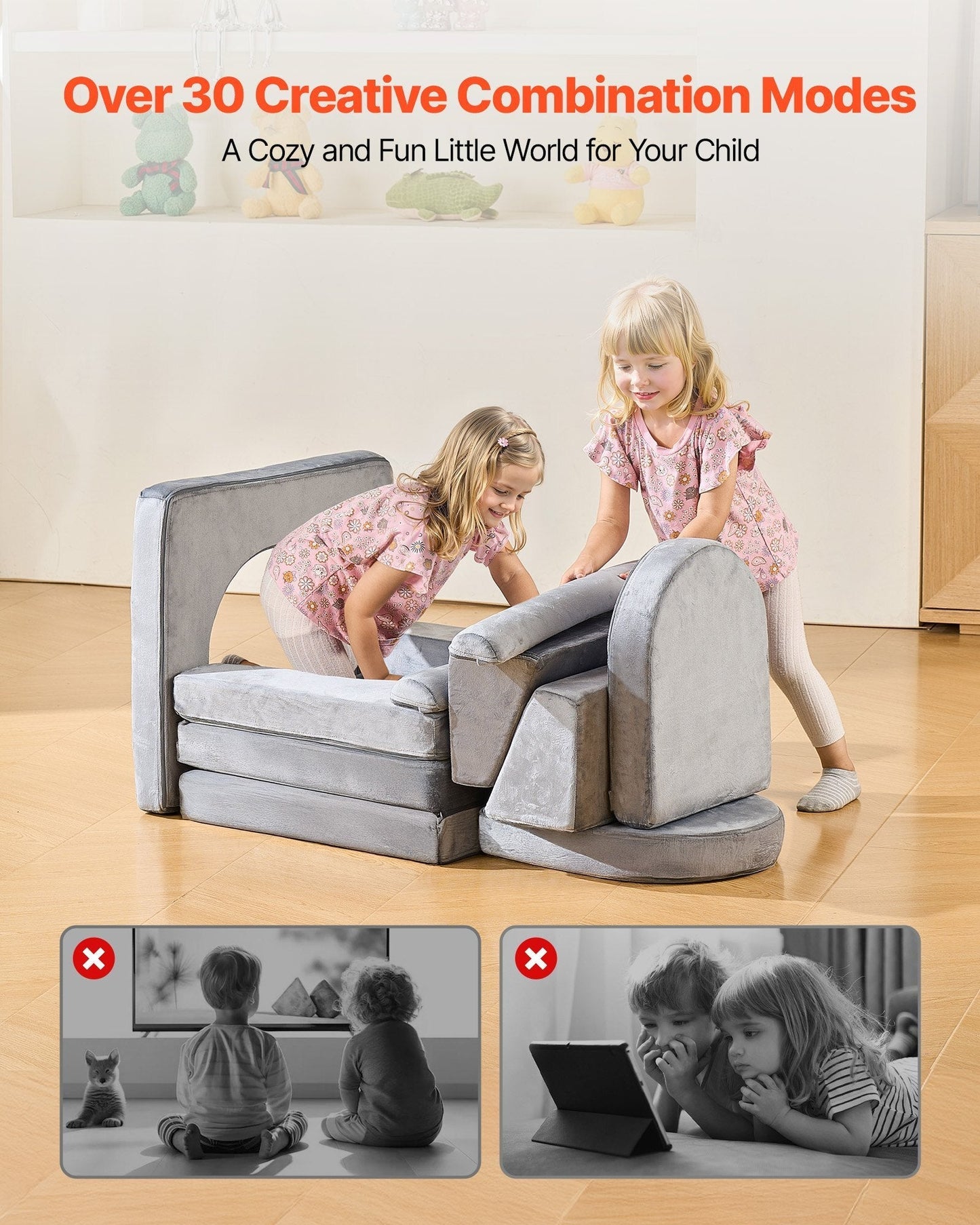 Modular Kids Play Couch, Sectional Toddler Sofa with Armrests, 28D Sponge & Short Pile, Convertible Kids Modular Couch DIY Creative Combination for Playroom, Bedroom, Living Room, 10 Pcs, Gray