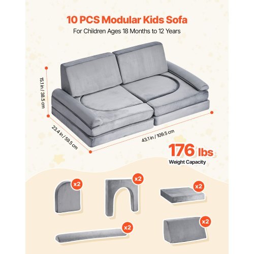 Modular Kids Play Couch, Sectional Toddler Sofa with Armrests, 28D Sponge & Short Pile, Convertible Kids Modular Couch DIY Creative Combination for Playroom, Bedroom, Living Room, 10 Pcs, Gray