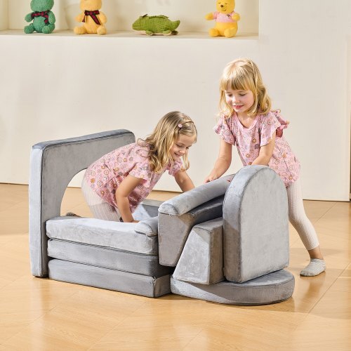 Modular Kids Play Couch, Sectional Toddler Sofa with Armrests, 28D Sponge & Short Pile, Convertible Kids Modular Couch DIY Creative Combination for Playroom, Bedroom, Living Room, 10 Pcs, Gray