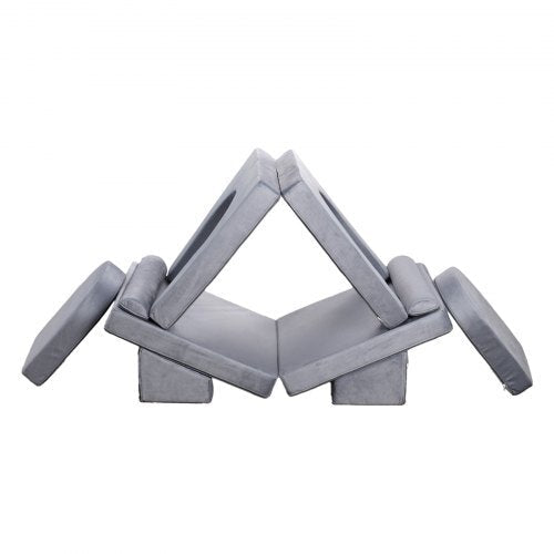 Modular Kids Play Couch, Sectional Toddler Sofa with Armrests, 28D Sponge & Short Pile, Convertible Kids Modular Couch DIY Creative Combination for Playroom, Bedroom, Living Room, 10 Pcs, Gray