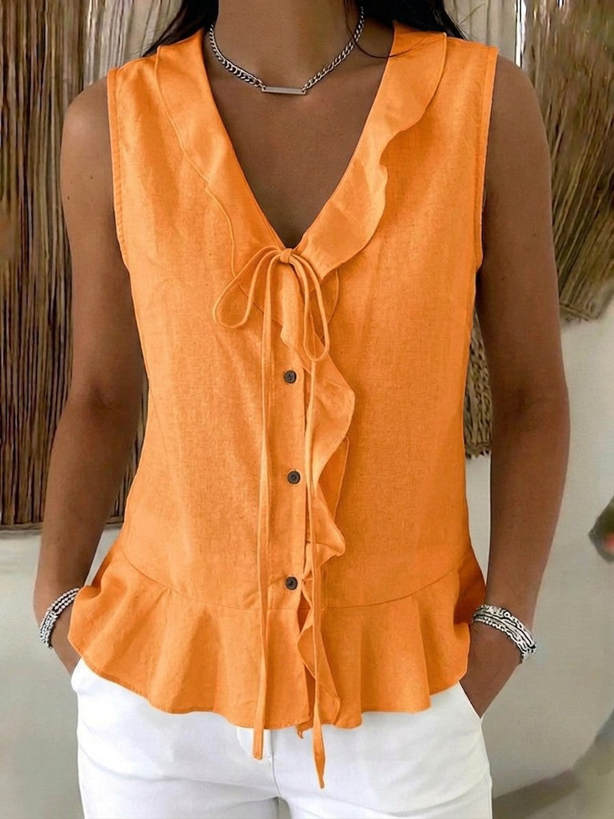 Women's Casual V-Neck Ruffle Trim Sleeveless Top