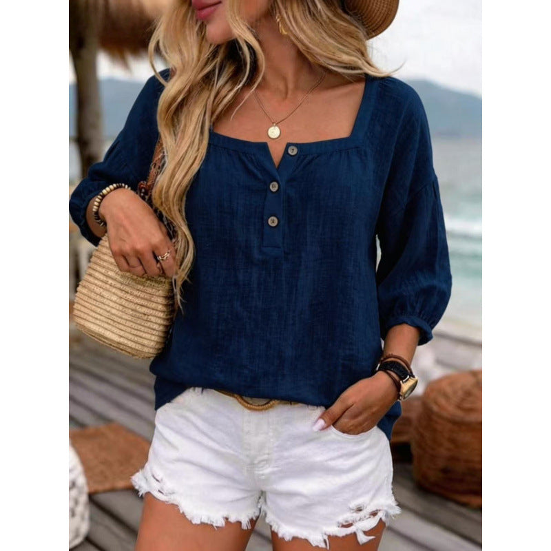 Casual Resort-style Linen Top With Three-quarter Sleeves