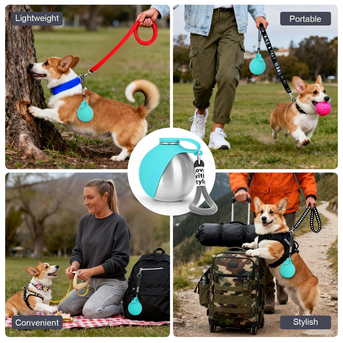 Portable Dog Water Bottle 10oz Stainless Steel Travel Dog Water Dispenser With Bowl No-Spill Puppy Water Bottle For Walking Hiking Small Dog Water Bottle