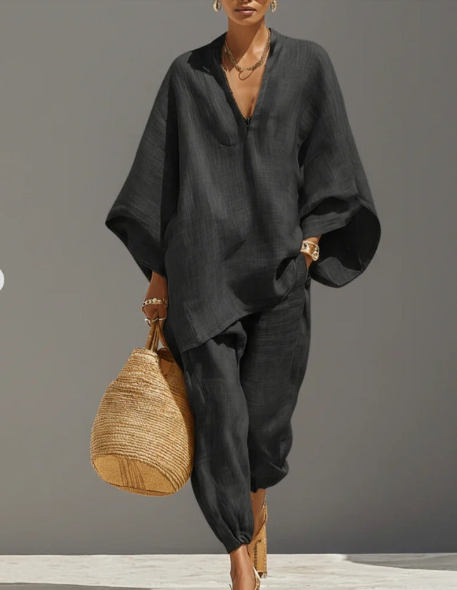 Women's Casual Loose Solid Color Shirt Set