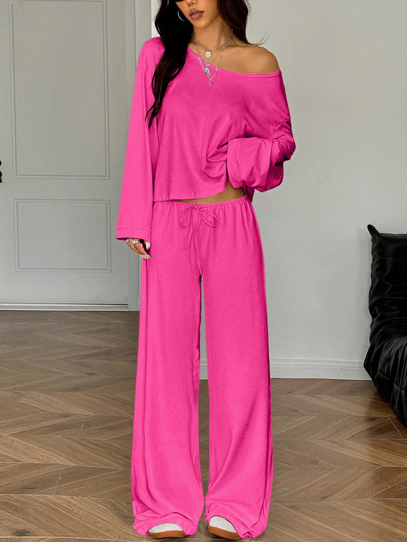 Womens Solid-Color Casual Off-the-Shoulder Long-Sleeve Pants