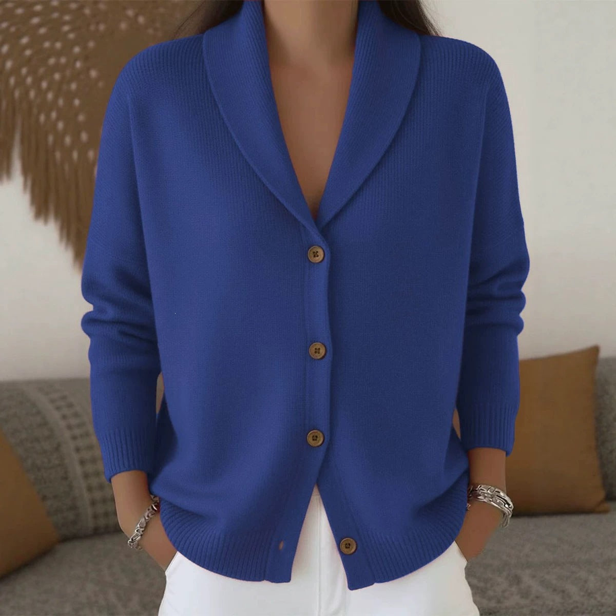 Womens Knitted Cardigan Loose-Fit Lazy Style Soft And Cozy Notch Lapel Solid Color Long-Sleeve Sweater
