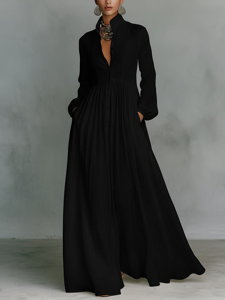 Elegant Stand Collar Button Down Maxi Dress - Long Sleeve Pleated Flowy Gown With Pockets