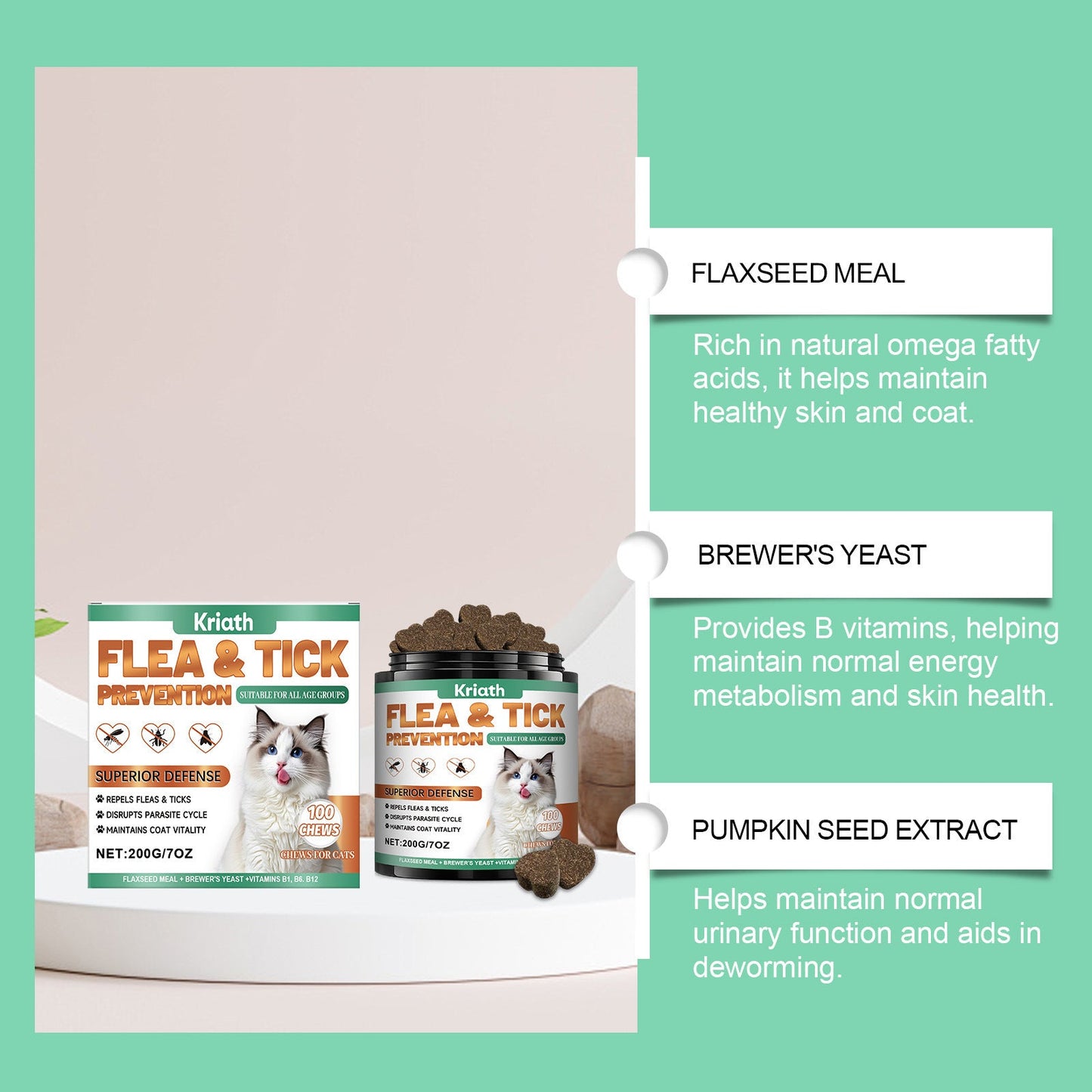 Kriath Cat Fur Care Chewable Tablets, A Supplement For Daily Care That Cares For The Shine Of The Fur And The Skin Of Pets