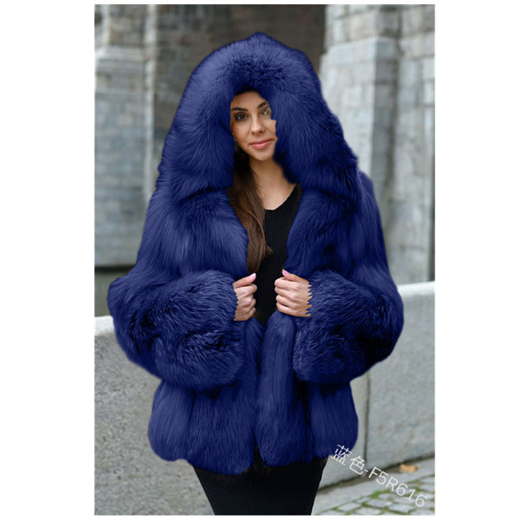 Women's Fur Coat Large Size Hooded Warm Fur Mid-Length Fox Fur Coat