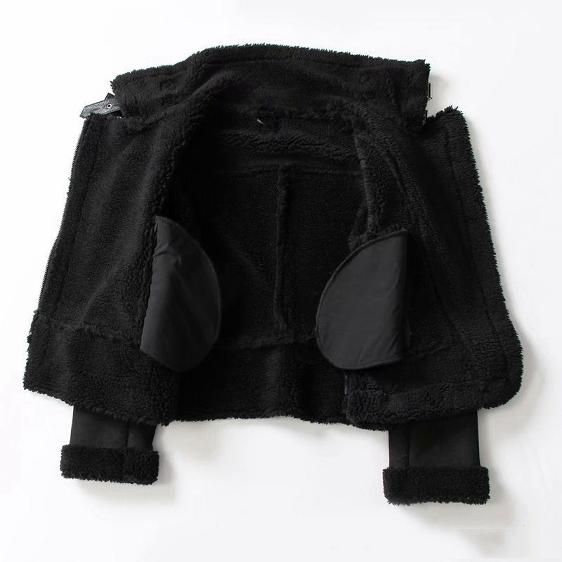 Women's Winter Suede Motorcycle Jacket - Lamb Wool Lined Lapel Coat in Black & Khaki