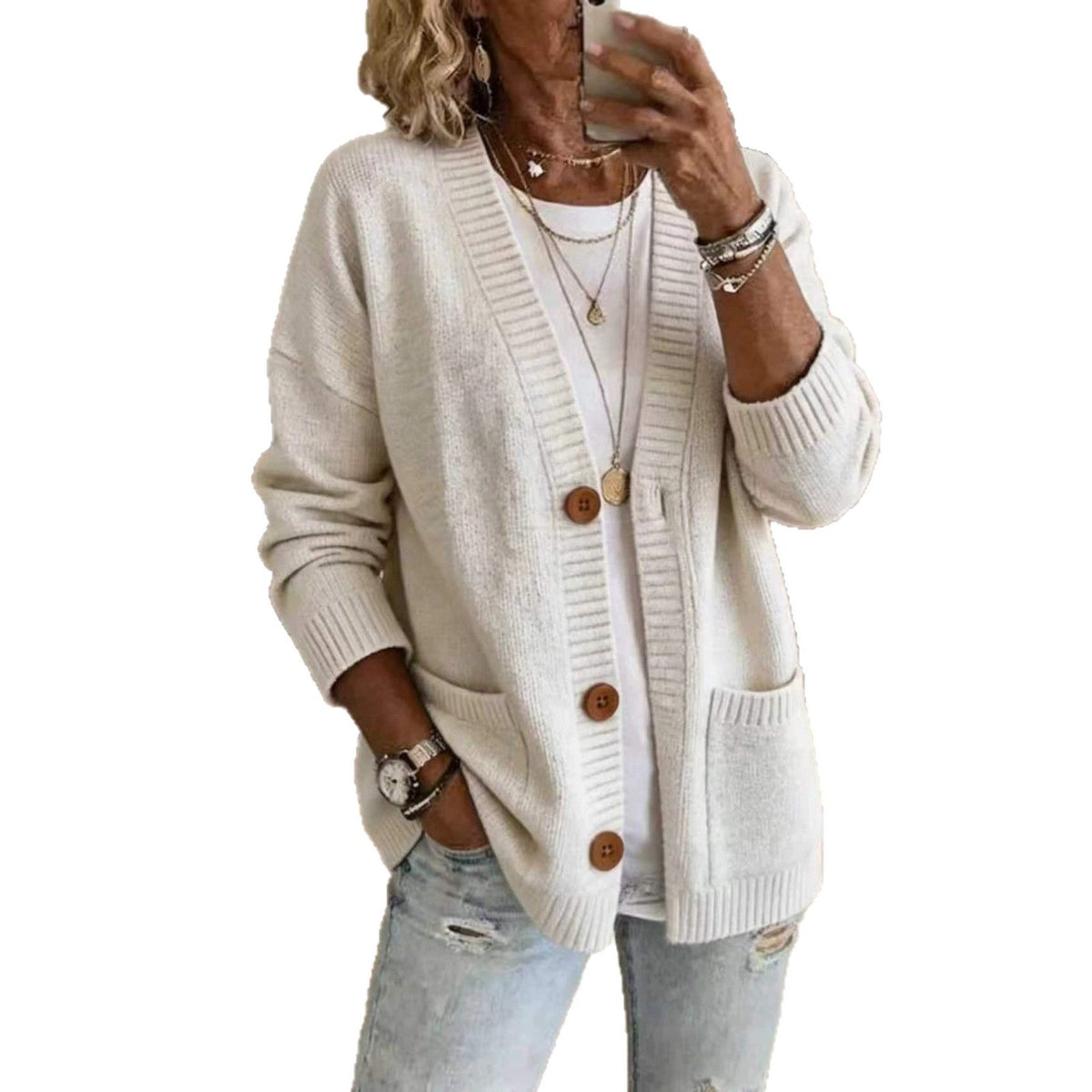 Womens Loose-fit V-neck Knit Sweater Jacket