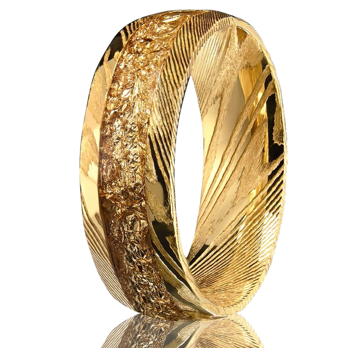 Middle Inlaid Gold Foil Damascus Steel Ring