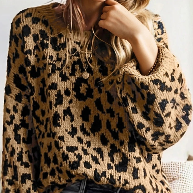 Light French Beige Rib Trim Round Neck Leopard Print Off-shoulder Sweater