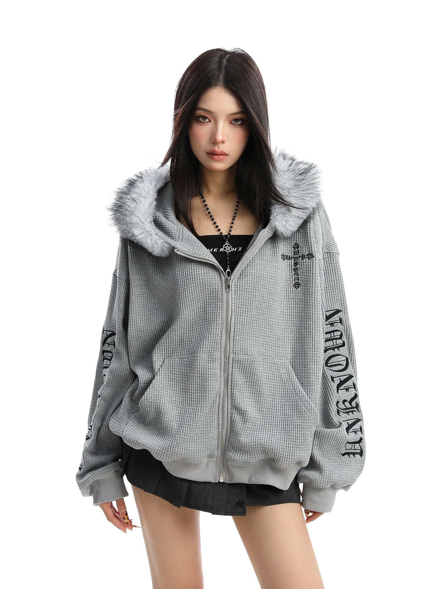 Cross Printed Hoodie Women's Fur Collar Baggy Coat