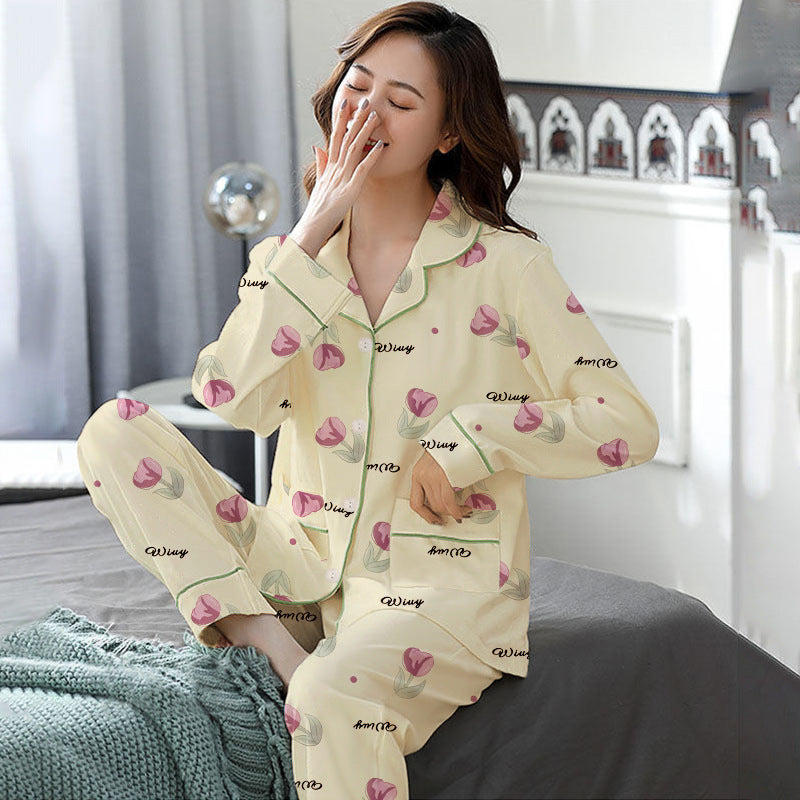 Elegant Women's Autumn And Winter Cotton-like Long Pajamas Two-piece Set