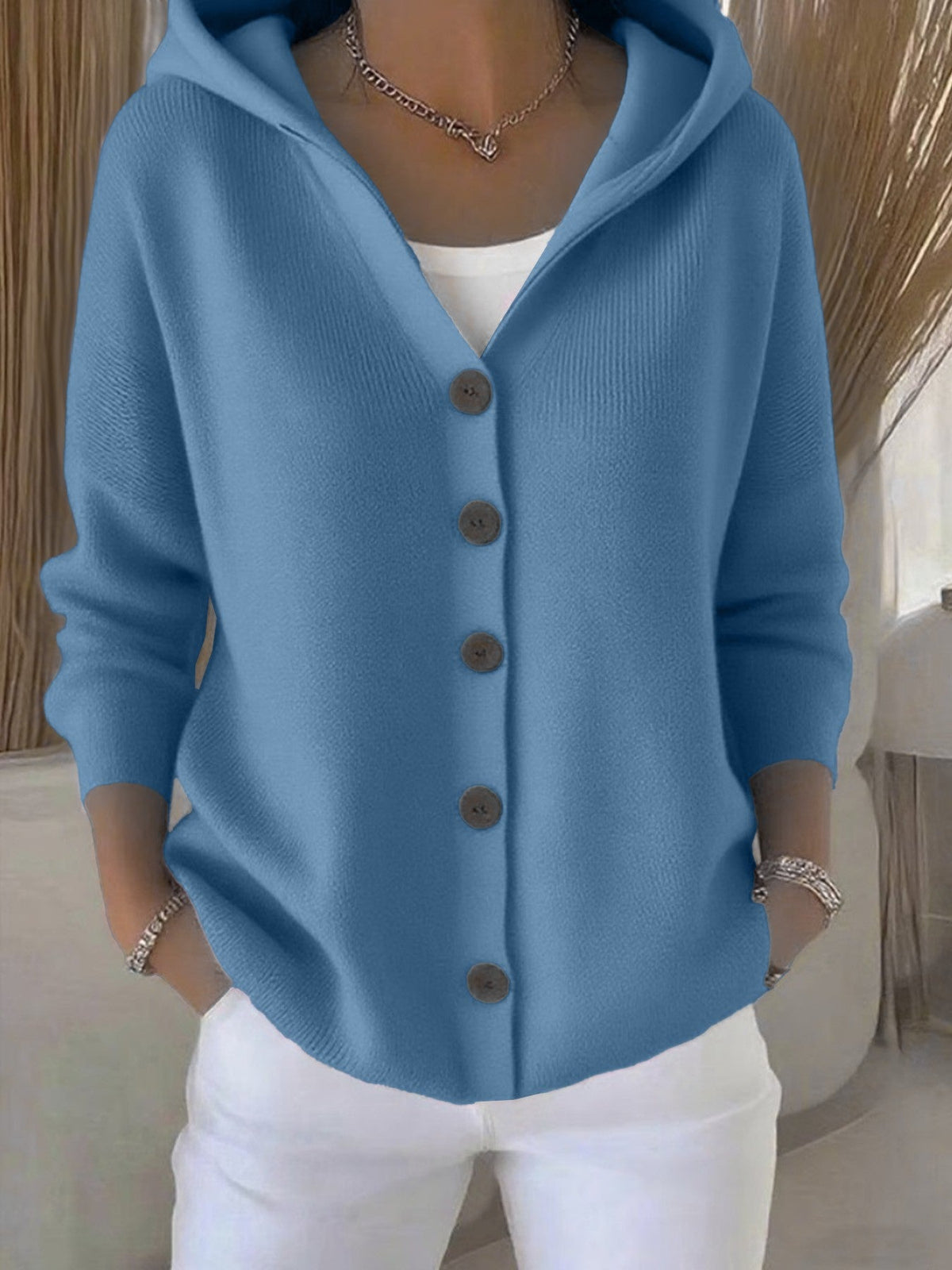 Ins Button Hooded Sweater Fashion Autumn And Winter Knitted Cardigan Casual Commuter Long Sleeve Top Women's Clothing