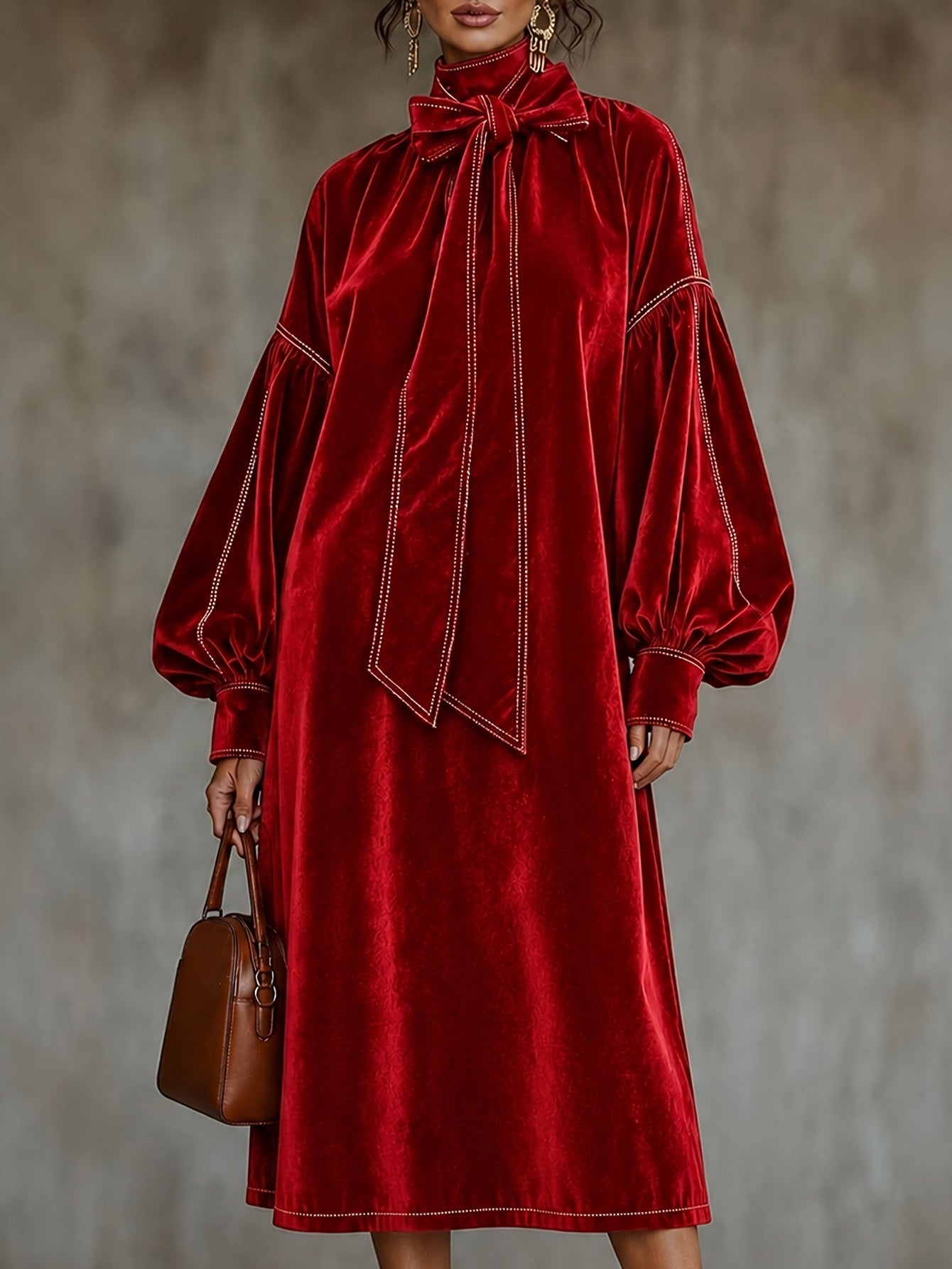 New High-neck Velvet Dress With Bow