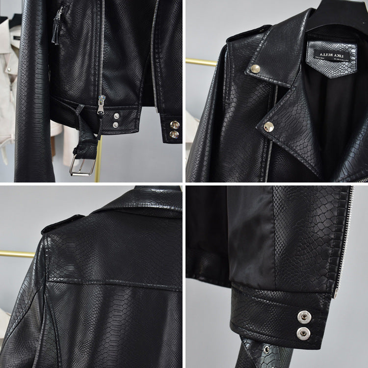 Cropped Hem Belt Snakeskin Leather Biker Jacket