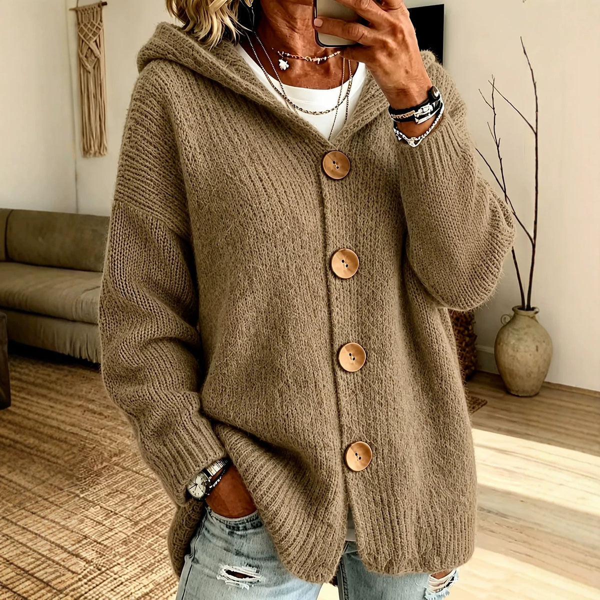 Hooded Cardigan Sweater Jacket With Four Buttons