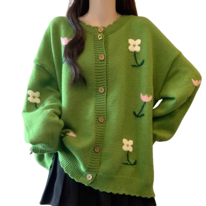 Idle Style Loose Youthful-looking Embroidered Flower Knitted Cardigan Sweater