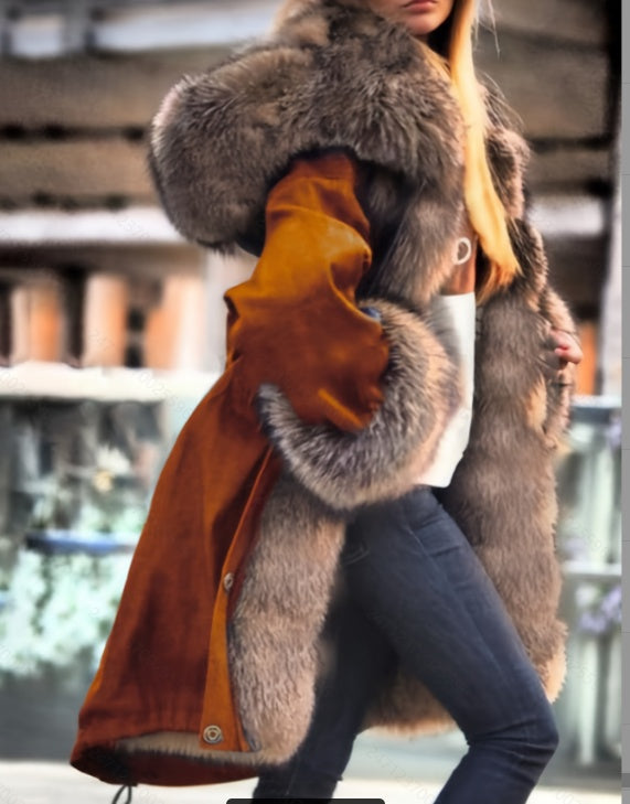 Long-sleeved Oversized Coat With A Fur Collar And Hood