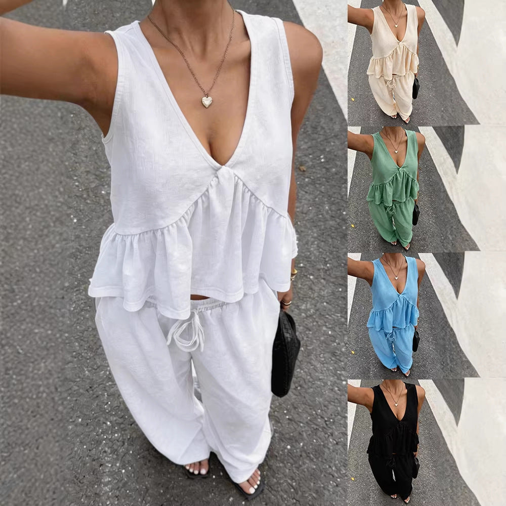 Women's Casual V-Neck Sleeveless Top And Pants Set