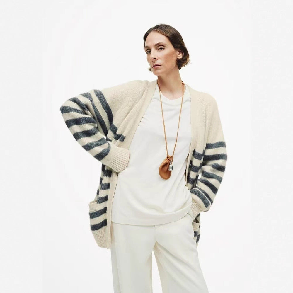Womens Striped Wool Color-Block Knitted Cardigan Coat