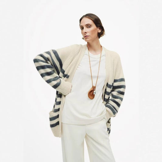 Womens Striped Wool Color-Block Knitted Cardigan Coat