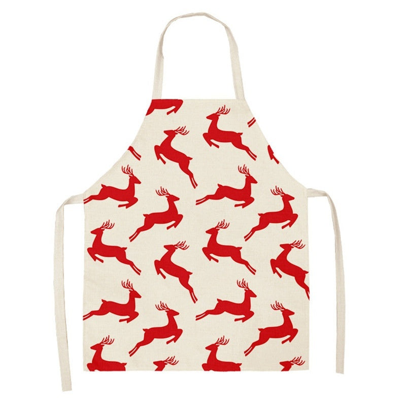 Christmas Deer Art Pattern Female Cleaning Home Cooking Kitchen Apron Chef Ear Cotton Linen