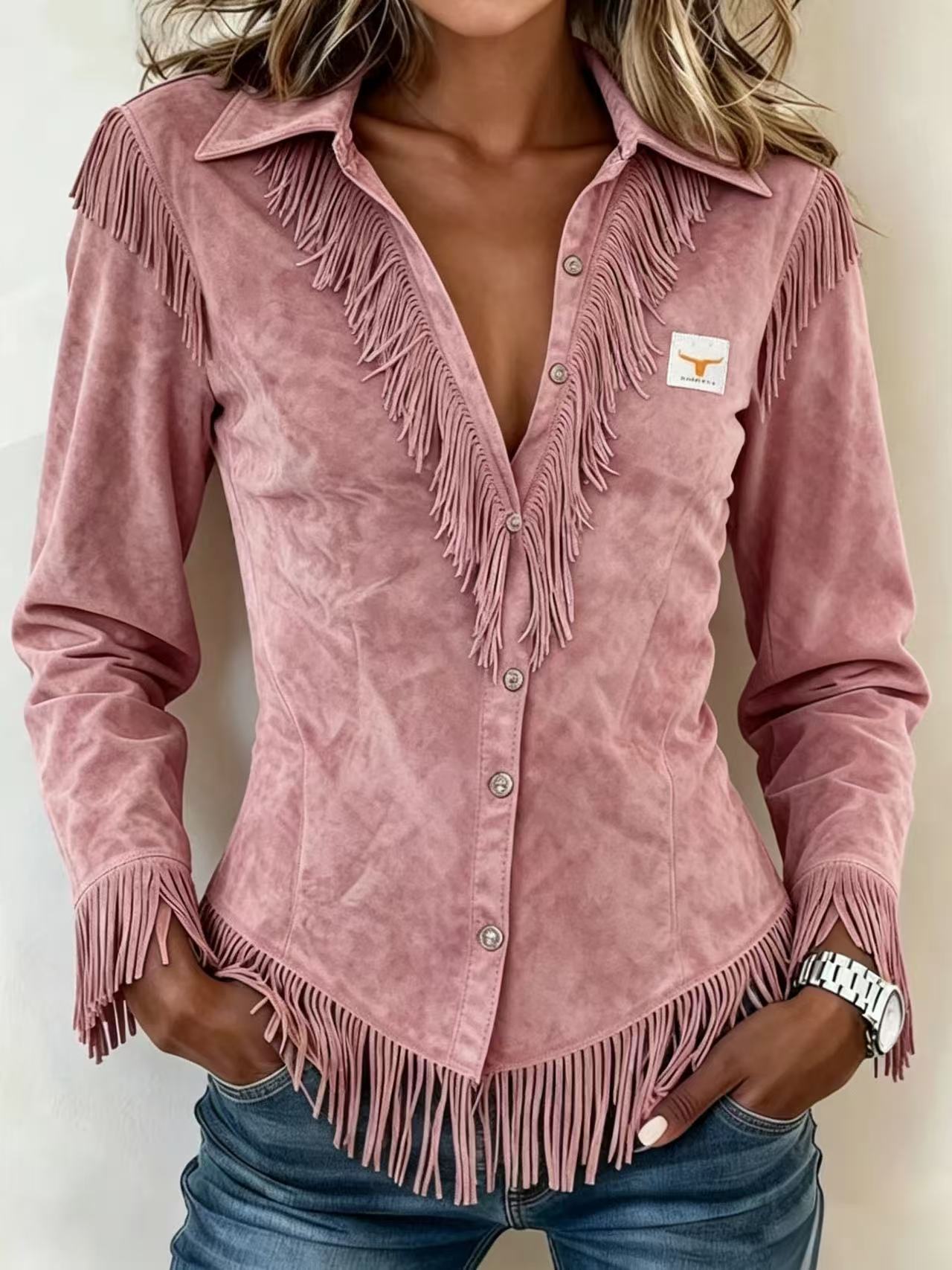 Western Cowboy-Style Suede Fringe Slim-Fit Long-Sleeve Shirt
