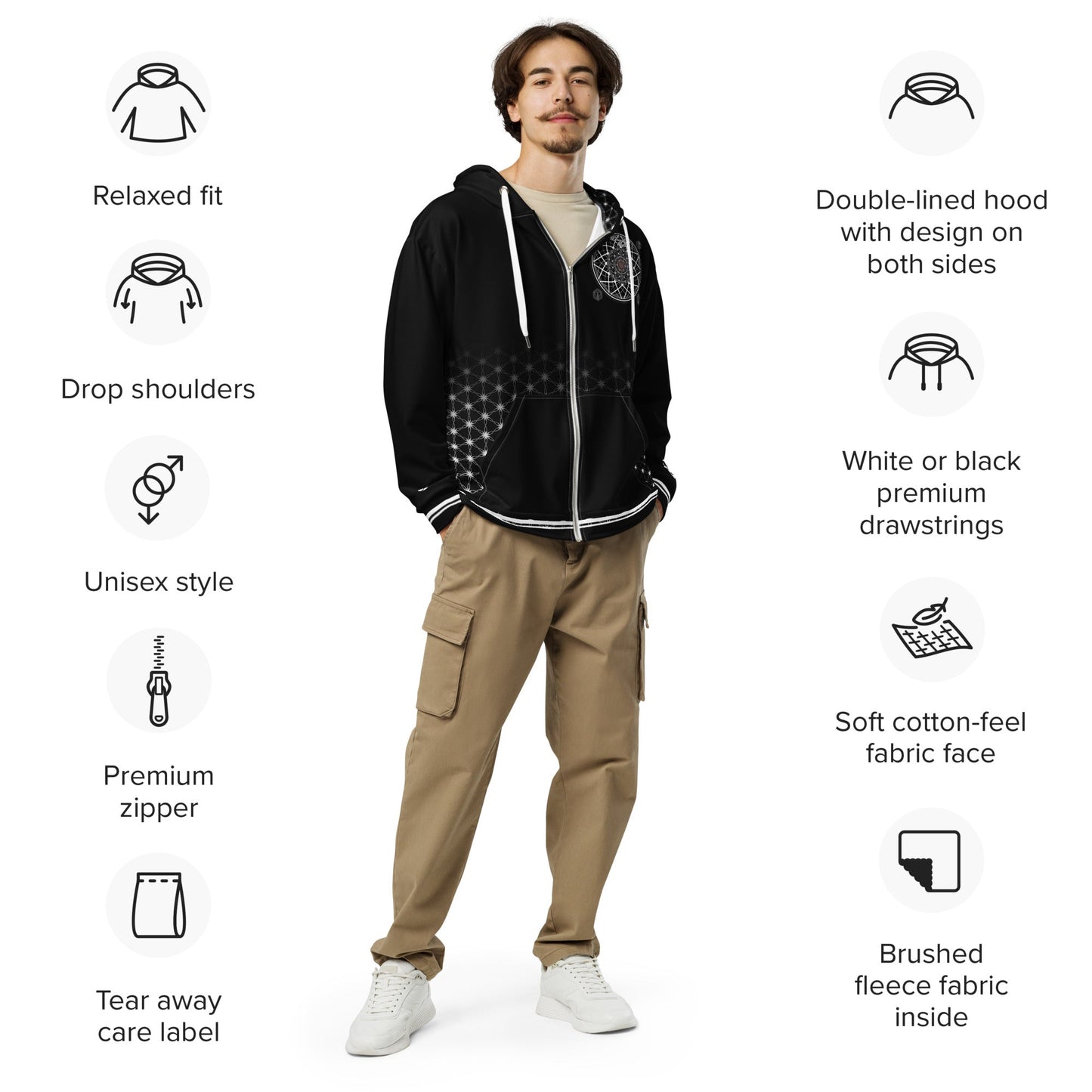 Mystic One Sacred Geometry Zip Hoodie | Signature Cosmic Design