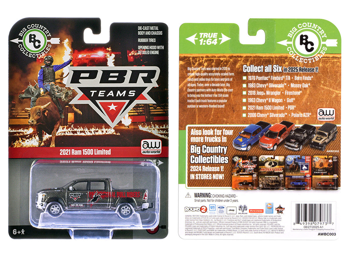 2021 Ram 1500 Limited Pickup Truck "PBR (Professional Bull Riders)" Gray Metallic with Graphics "Big Country Collectibles" 2025 Series 1/64 Diecast Model Car by Auto World