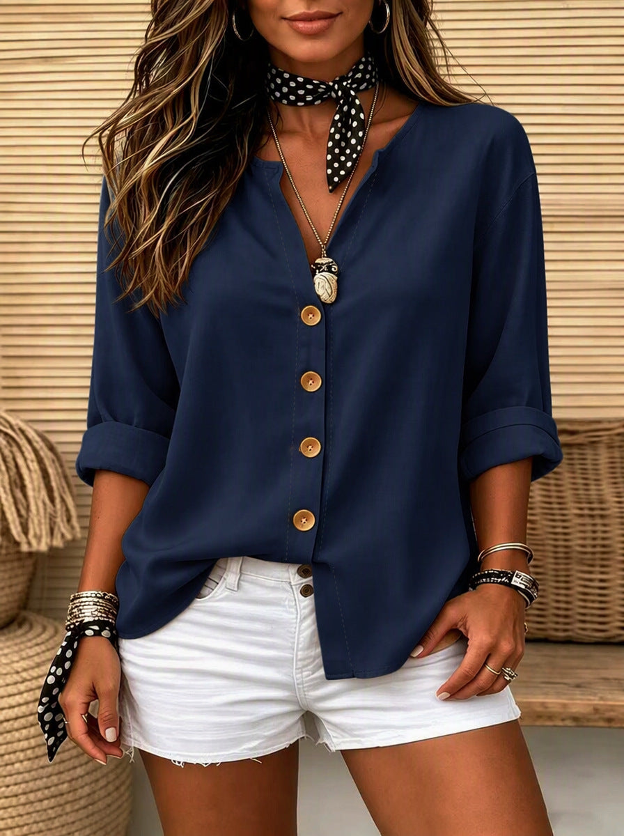 Womens V-neck Cotton-Linen Button-Down T-shirt Top