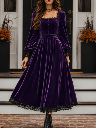 Square-neck Lace-panel Velvet Dress