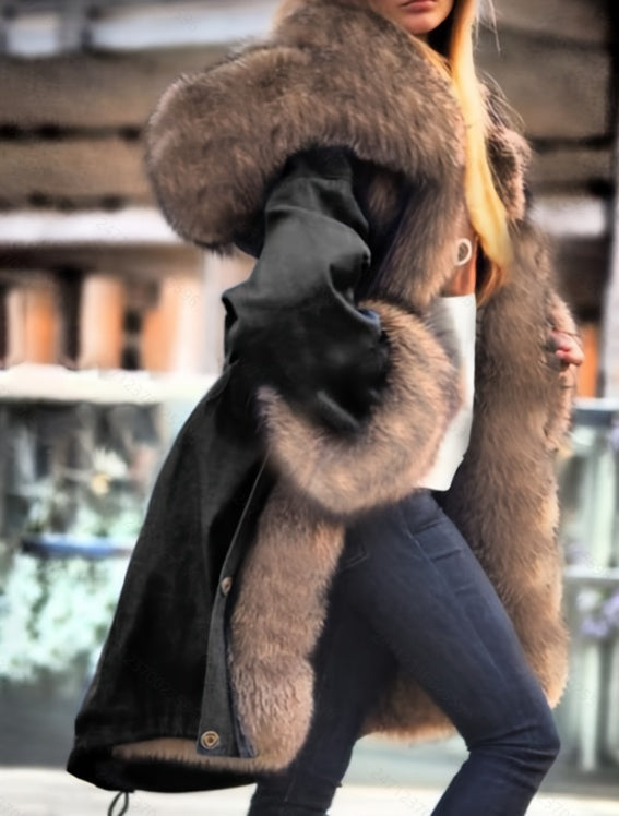 Long-sleeved Oversized Coat With A Fur Collar And Hood
