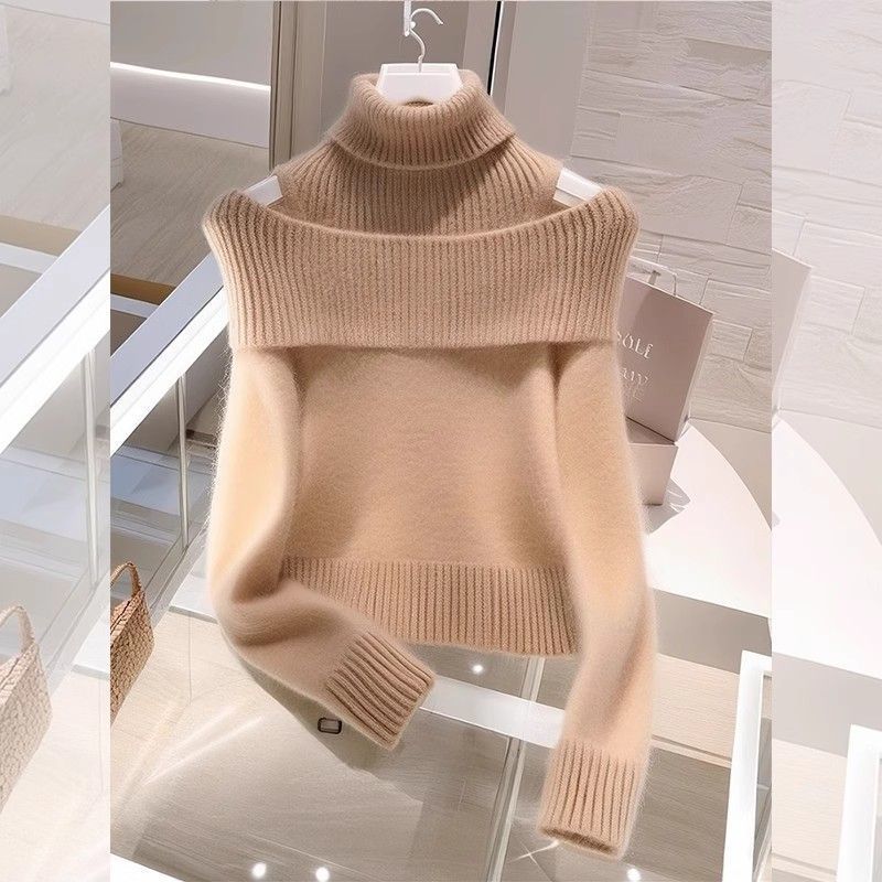 Soft Glutinous Idle Style Off-the-shoulder Bulky Turtleneck In Apricot Sweater
