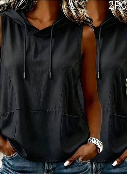Fashionable Casual Solid-color Hooded Sleeveless Top T-shirt Vest