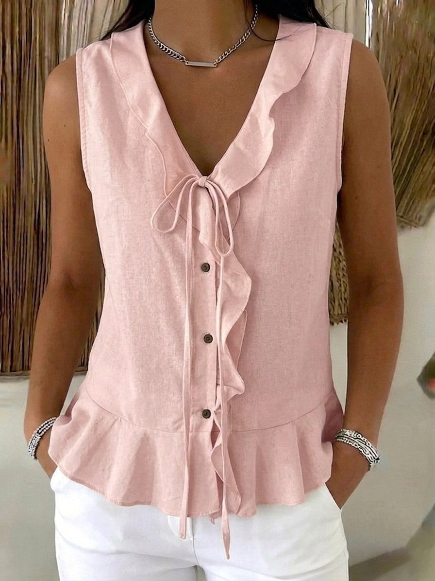 Women's Casual V-Neck Ruffle Trim Sleeveless Top