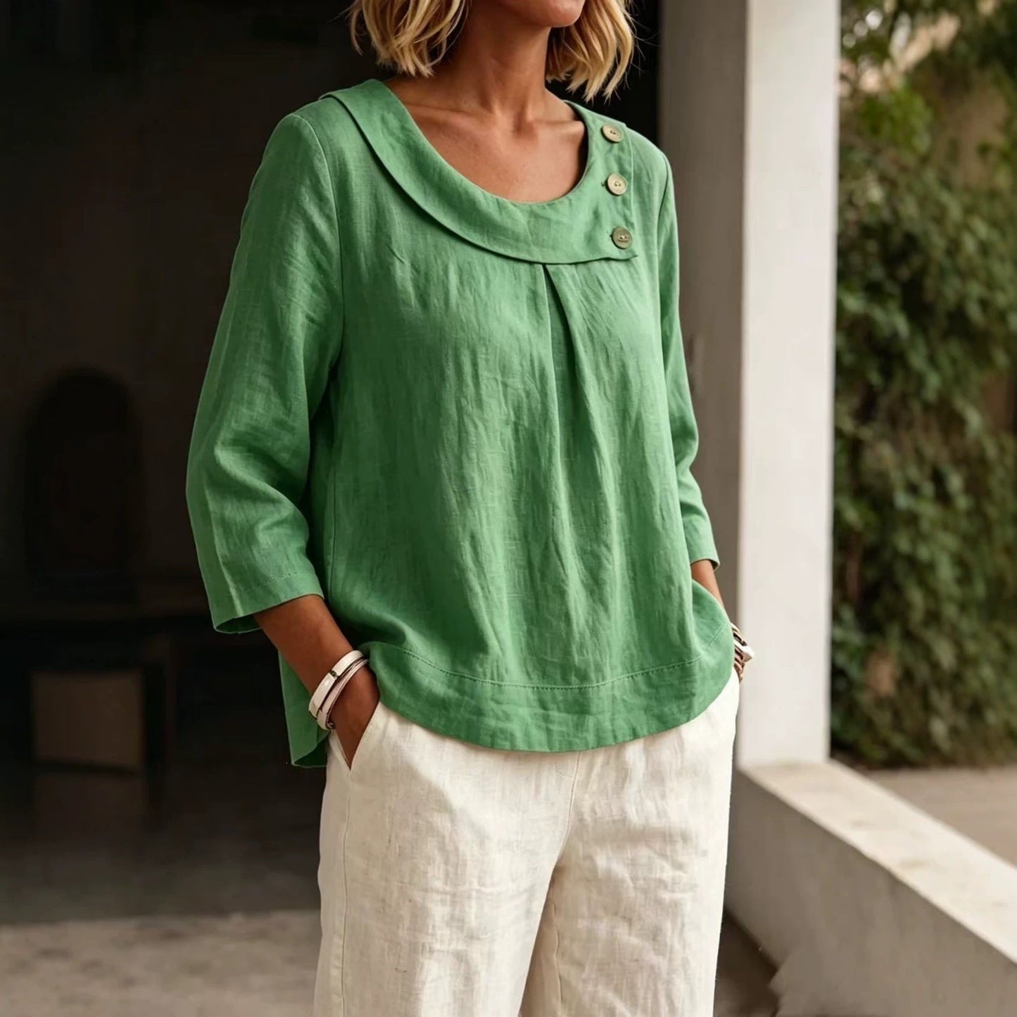 Casual Round-neck Shirt, Loose-fitting Top For Women