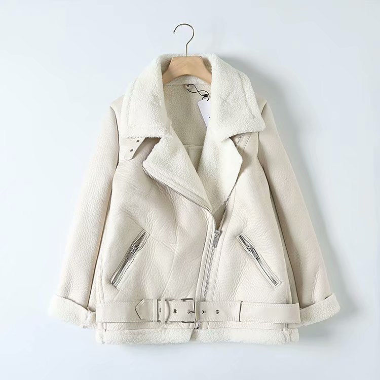 Women's Long Faux Leather Jacket with Lambswool Lining